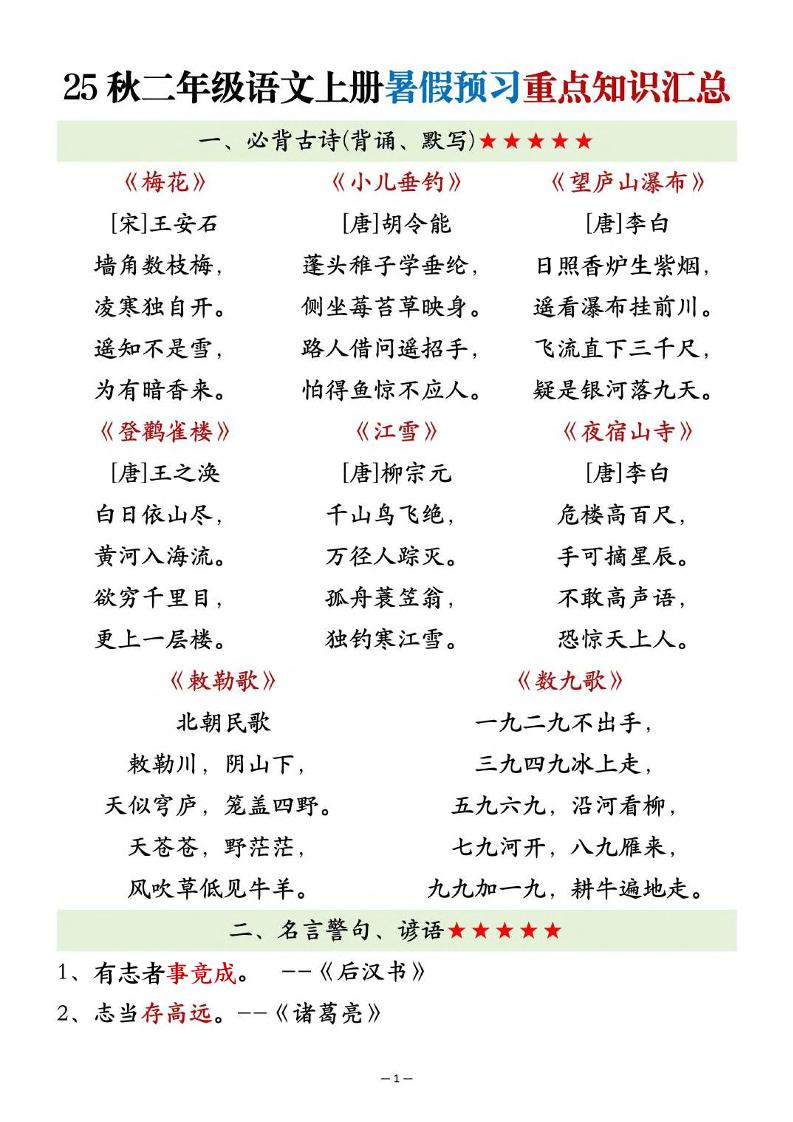 25秋二上语文暑假预习重点知识汇总20页-云科数创
