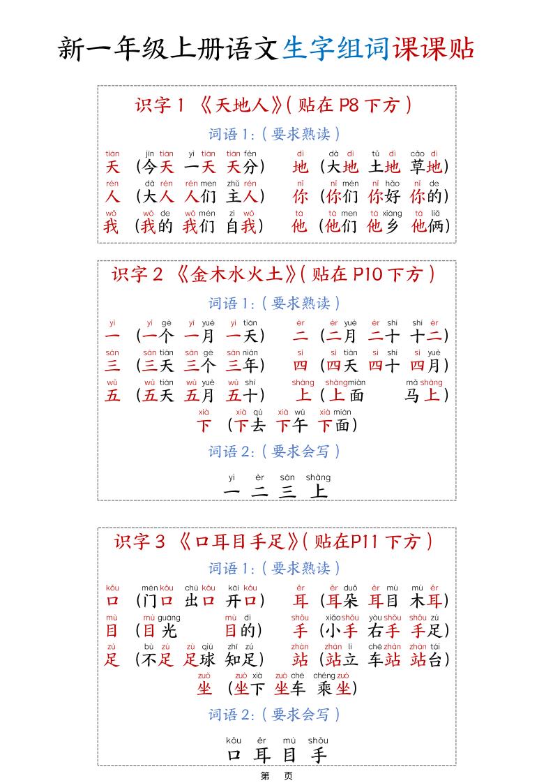 新一上语文生字组词课课贴15页-云科数创