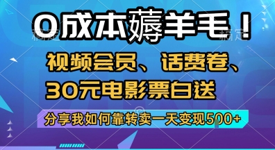 0成本薅羊毛!视频会员、话费卷、30元电影票白送,分享我如何靠转卖一天变现5张+【揭秘】-云科数创