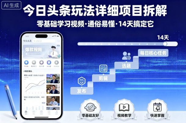 今日头条玩法详细项目拆解,零基础学习视频 通俗易懂 14天搞定它-云科数创
