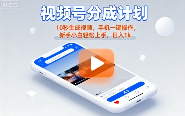 视频号分成计划懒人玩法,10秒生成视频,手机一键操作,新手小白轻松上手,日入1K【揭秘】-云科数创