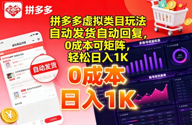 拼多多虚拟类目玩法,自动发货自动回复,0成本可矩阵,轻松日入1K【揭秘】-云科数创