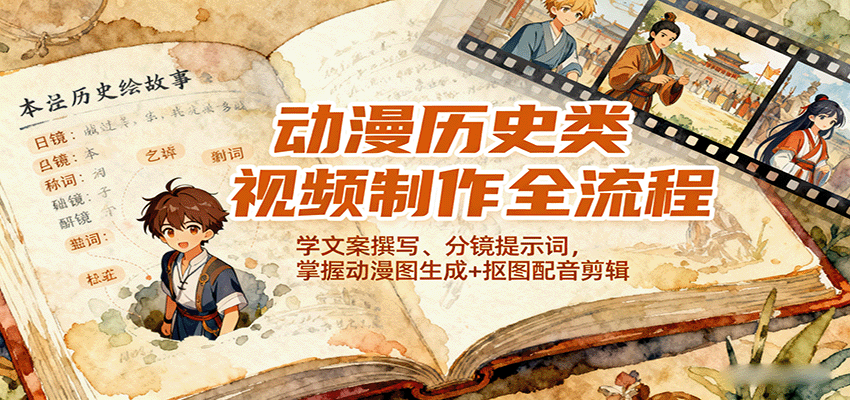 动漫历史类视频制作全流程,学文案撰写、分镜提示词,掌握动漫图生成+抠图配音剪辑-云科数创