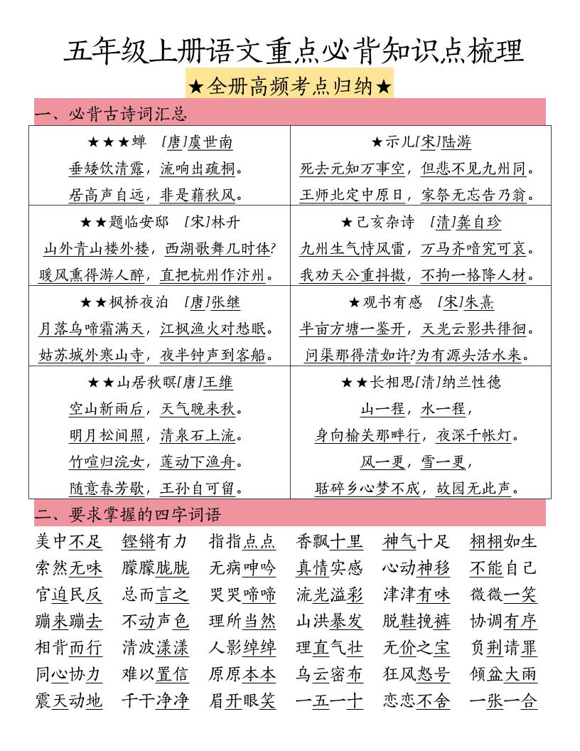 五上语文重点必背知识点梳理-云科数创