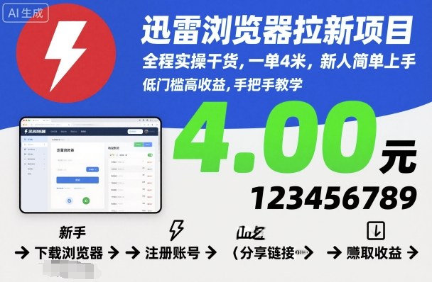 迅雷浏览器拉新项目,全程实操干货,一单4米,新人简单上手-云科数创
