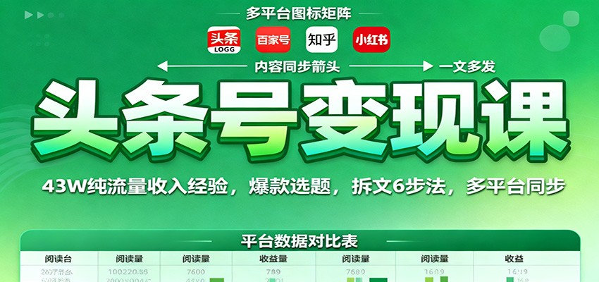 头条号变现课:43W纯流量收入经验,爆款选题,拆文6步法,多平台同步-云科数创