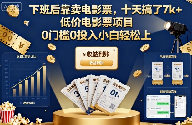 下班后靠卖电影票,十天搞了7k+,低价电影票项目,0门槛0投入小白轻松上手【揭秘】-云科数创