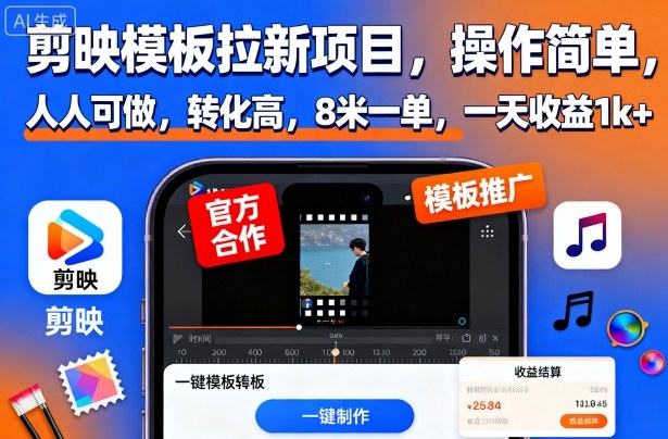 剪映模板拉新项目,操作简单,人人可做,转化高,8米一单,一天收益1k+-云科数创