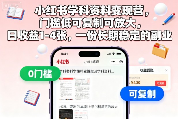 小红书学科资料变现营,门槛低可复制可放大,日收益1-4张,一份长期稳定的副业-云科数创