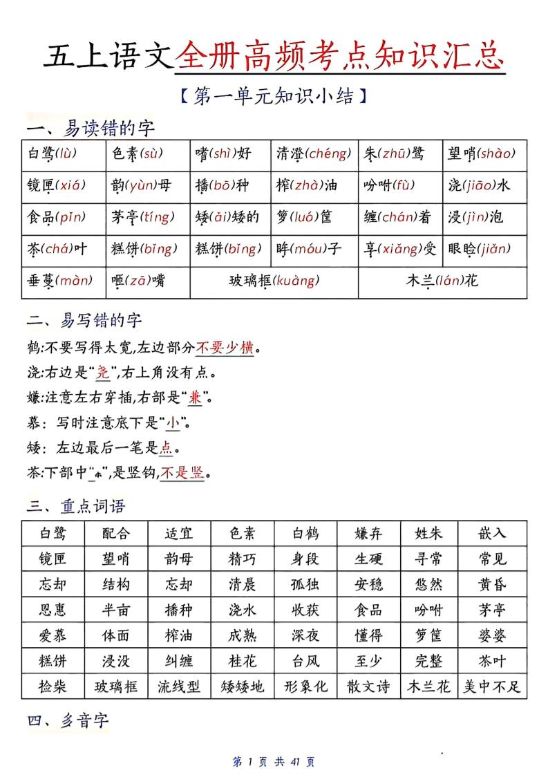 五上语文期中高频考点-云科数创