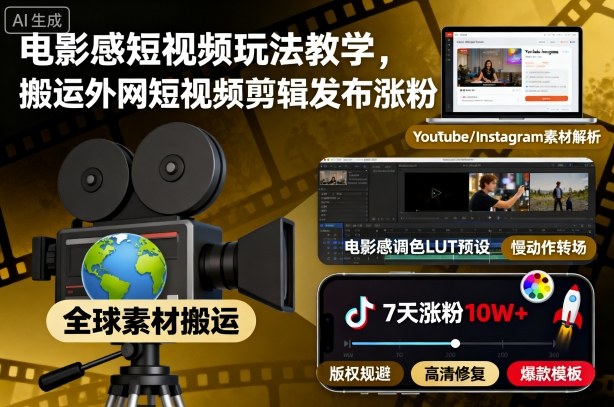 电影感短视频玩法教学,搬运外网短视频剪辑发布涨粉-云科数创