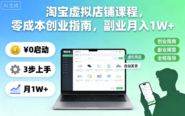 淘宝虚拟店铺课程,零成本创业指南,副业月入1W+-云科数创