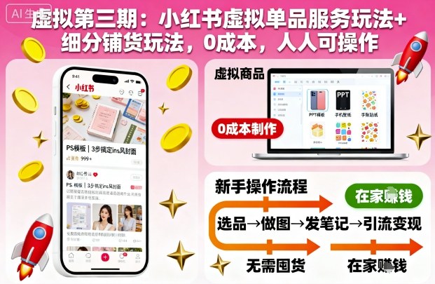 虚拟第三期:小红书虚拟单品服务玩法+细分铺货玩法,0成本,人人可操作-云科数创