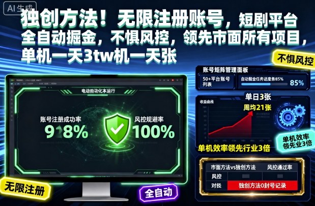独创方法!无限注册账号,短剧平台全自动掘金,不惧风控,领先市面所有项目,单机一天3张【揭秘】-云科数创