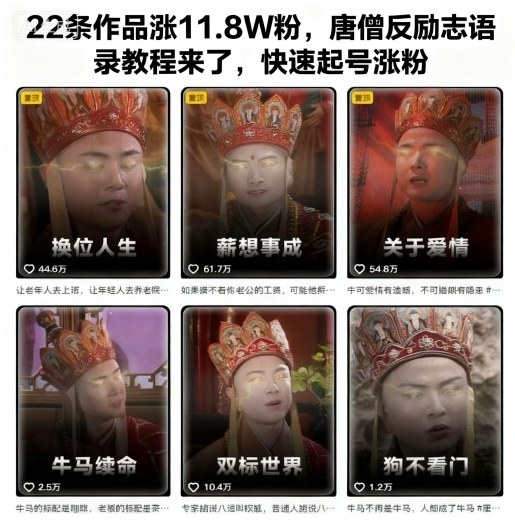 22条作品涨11.8W粉,唐僧反励志语录教程来了,快速起号涨粉-云科数创
