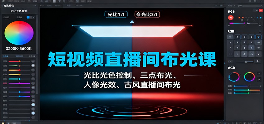 短视频直播间布光课:光比光色控制、三点布光、人像光效、古风直播间布光-云科数创