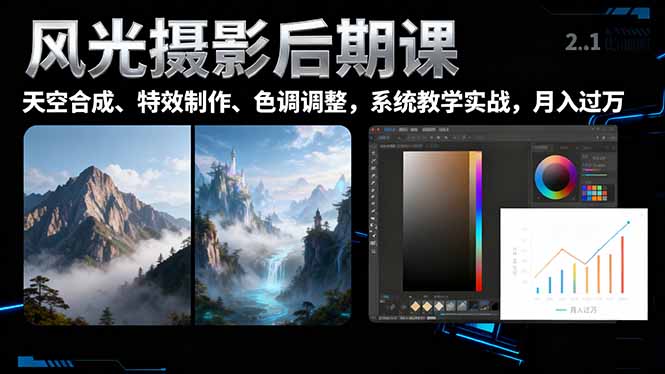 风光摄影后期课，一键换天空合成、特效制作、色调调整，月入过万-云科数创