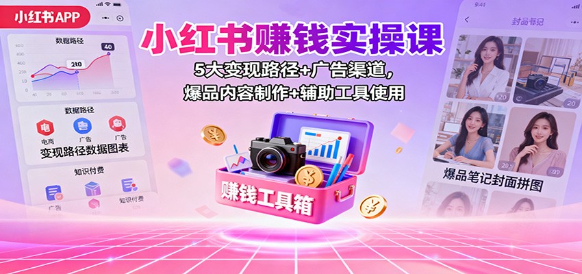 小红书赚钱实操课：5大变现路径+广告渠道，爆品内容制作+辅助工具使用-云科数创