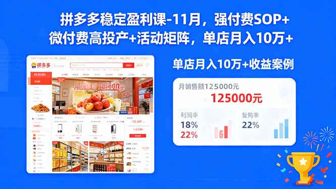 拼多多稳定盈利课-11月，强付费SOP+微付费高投产+活动矩阵，单店月入10万+-云科数创