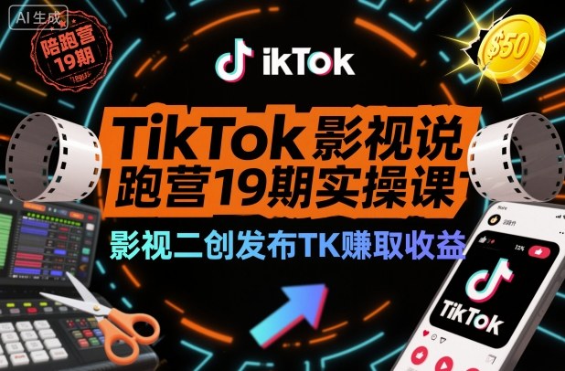 TikTok影视解说陪跑营19期实操课，影视二创发布TK賺取收益，万播收益50美金-云科数创