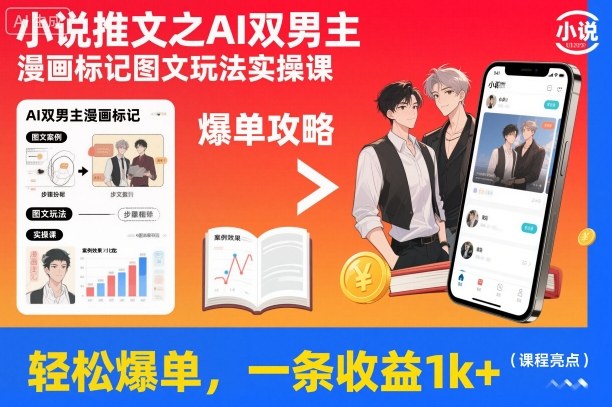 小说推文之AI双男主漫画标记图文玩法实操课，轻松爆单，一条收益1k+-云科数创
