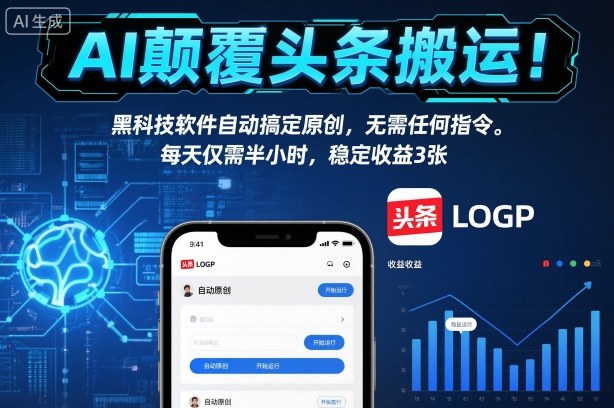 AI颠覆头条搬运！黑科技软件自动搞定原创，无需任何指令。每天仅需半小时，稳定收益3张【揭秘】-云科数创