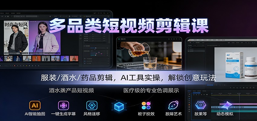 多品类短视频剪辑课：服装/酒水/药品剪辑，AI工具实操，解锁创意玩法-云科数创