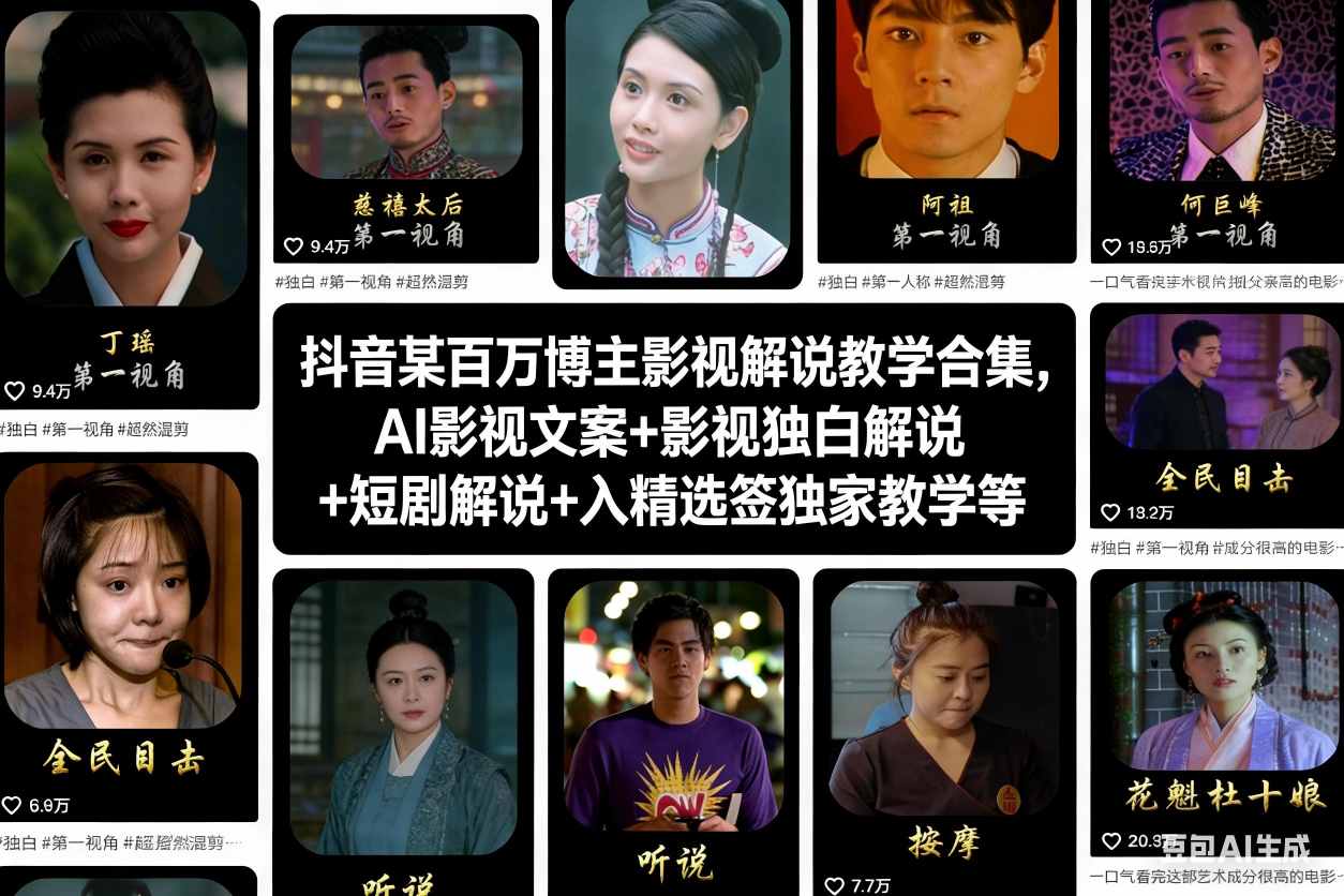 抖音某百万博主影视解说教学合集，AI影视文案+影视独白解说+短剧解说+入精选签独家教学等-云科数创
