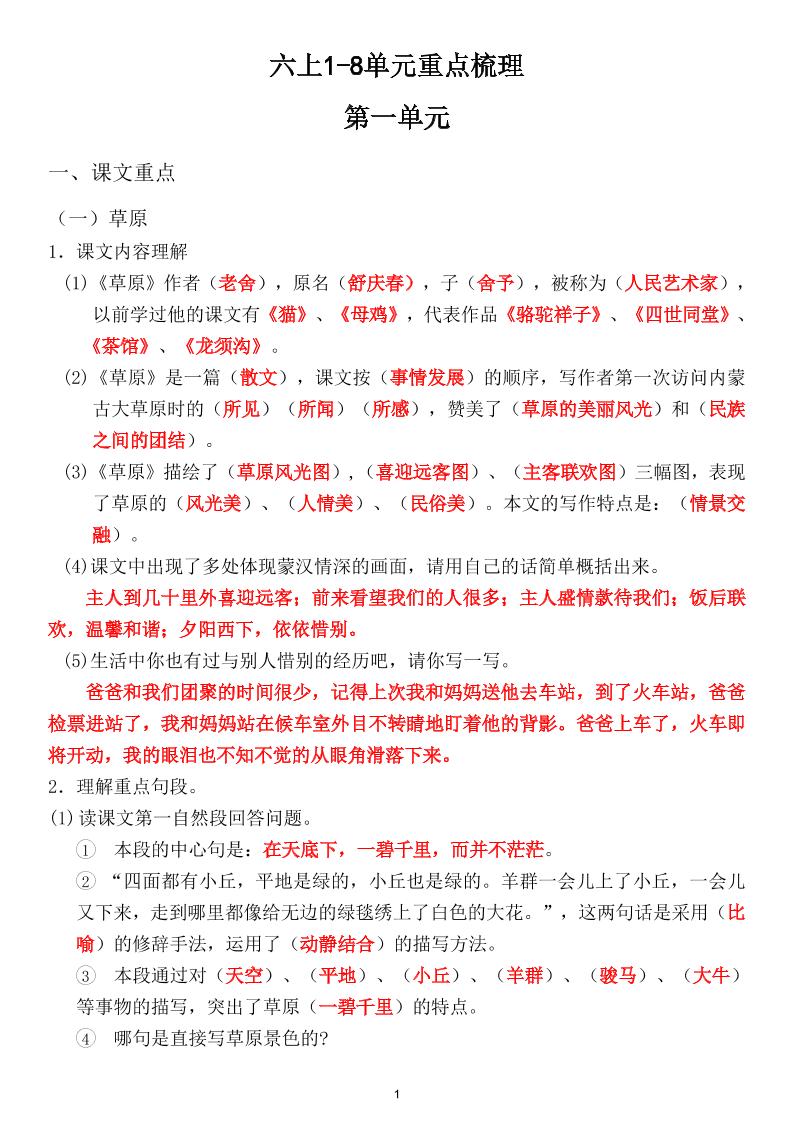 六上1-8单元重点梳理(课文重点+语文园地)-云科数创