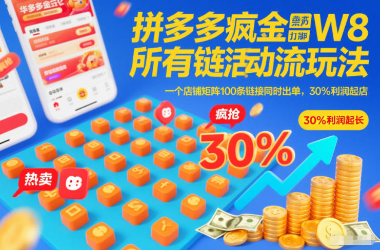拼多多疯狂活动流玩法，所有链接全部打标，一个店铺矩阵100条链接同时出单，30%利润起店-云科数创
