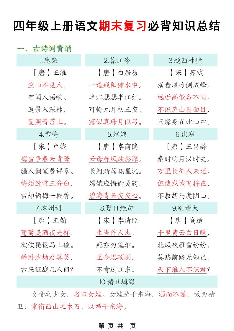 四年级上语文期末复习必背知识总结-云科数创