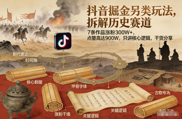 抖音掘金另类玩法，拆解历史赛道，7条作品涨粉300W+，点赞量高达900W，只讲核心逻辑，干货分享-云科数创