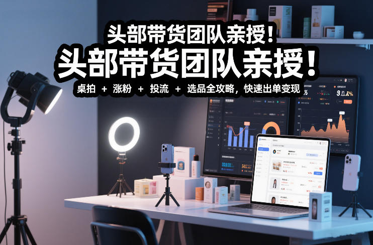 头部带货团队亲授！专业短视频实拍带货课：桌拍+涨粉+投流+选品全攻略，快速出单变现，月入2w+-云科数创
