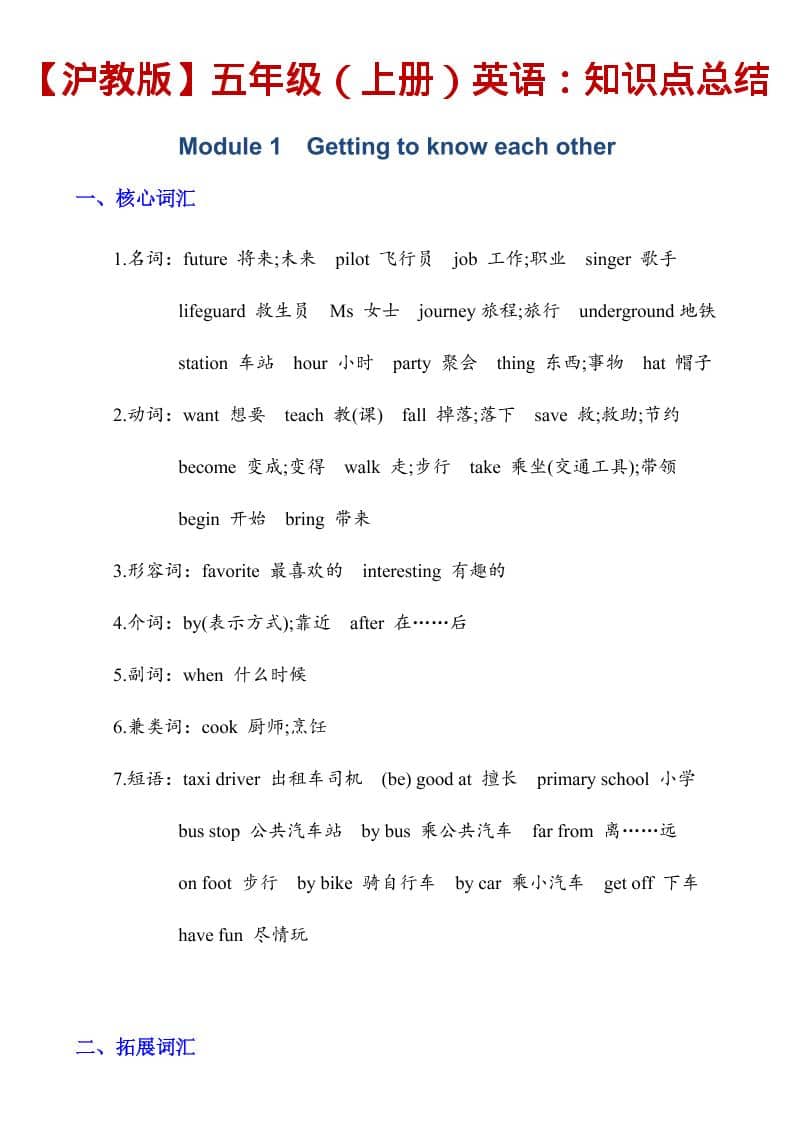 五年级上英语知识点总结《沪教版》-云科数创