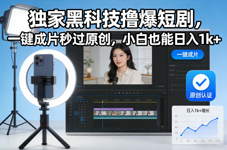 独家黑科技撸爆短剧，一键成片秒过原创，小白也能日入1k+【揭秘】-云科数创