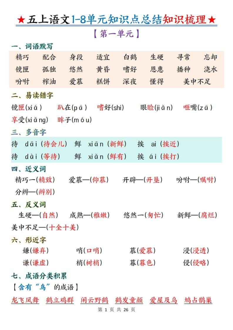 五年级上语文1-8单元知识点总结知识梳理-云科数创