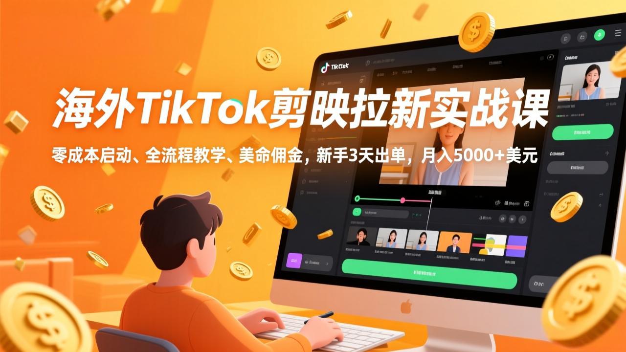 海外TikTok剪映拉新实战课，零成本启动、全流程教学、美金佣金，新手3天出单，月入5000+美元-云科数创