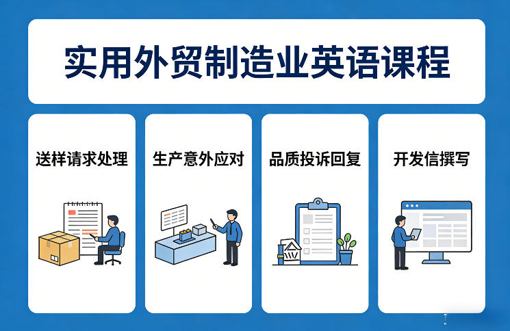 实用外贸制造业英语课程，教你专业处理送样请求、应对生产意外、回复品质投诉、撰写开发信等-云科数创