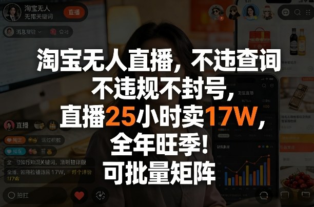 淘宝无人直播，不违规不封号，直播25小时卖17W，全年旺季！可批量矩阵【揭秘】-云科数创