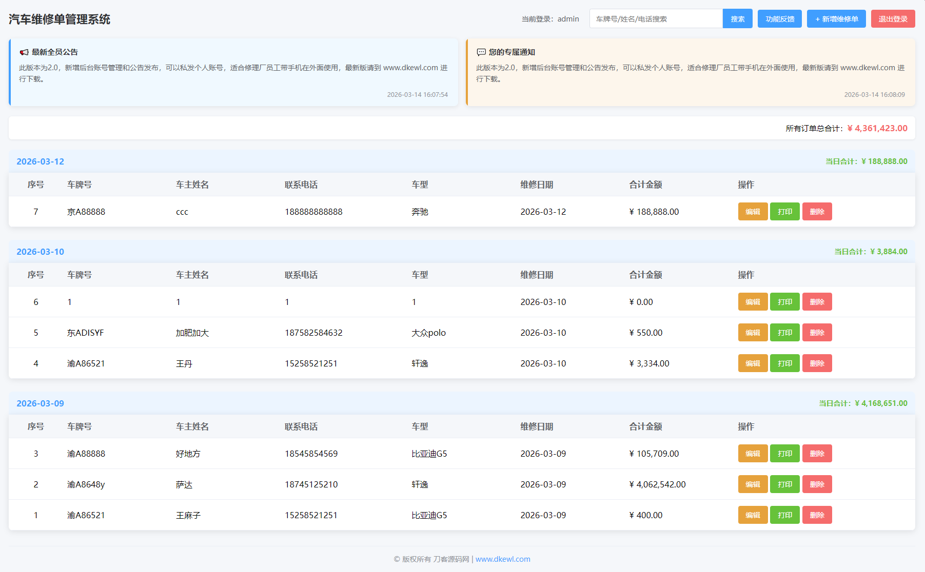 汽修单管理系统源码-云科数创