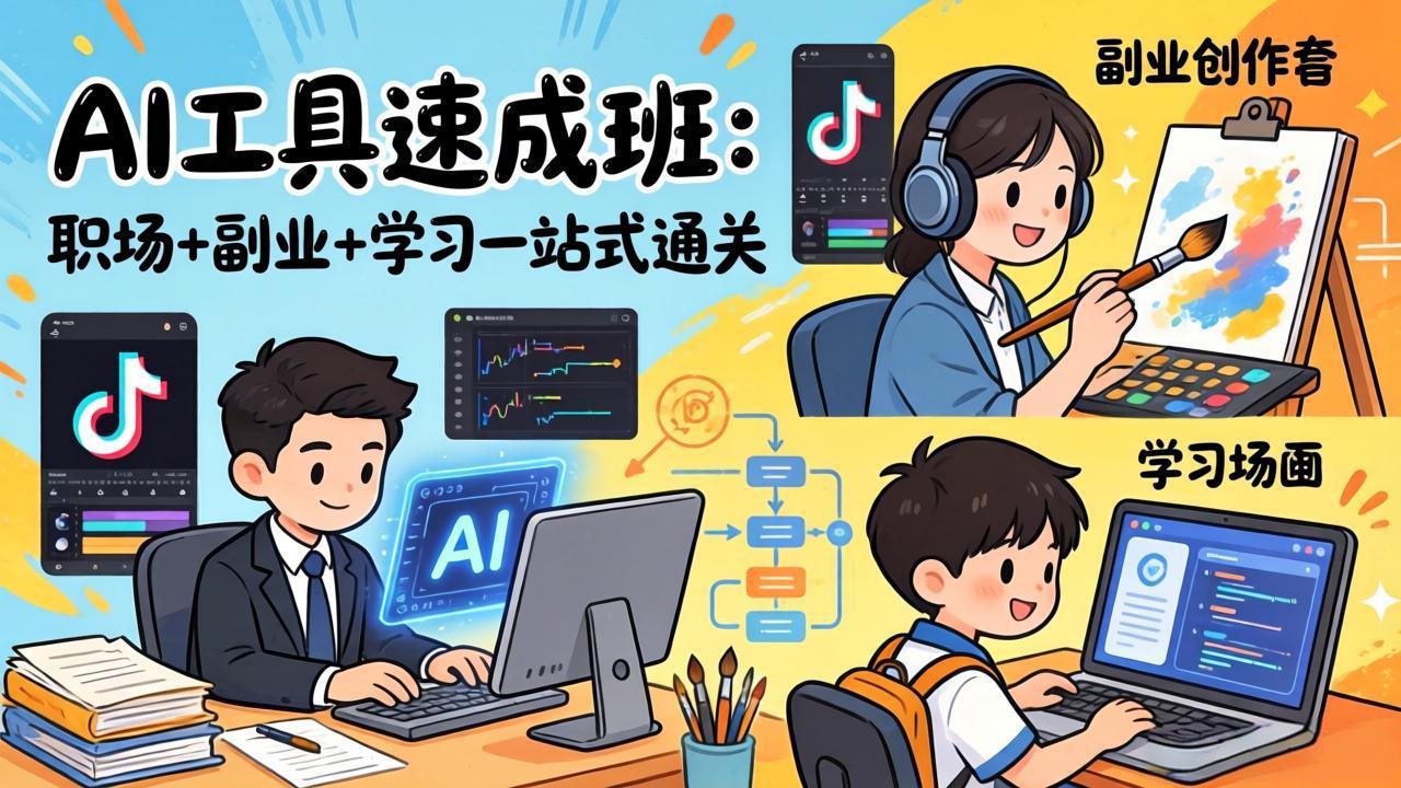 AI工具速成班：职场+副业+学习一站式通关，20+爆款类型+剪映技巧+抖音算法，0基础快速上手-云科数创