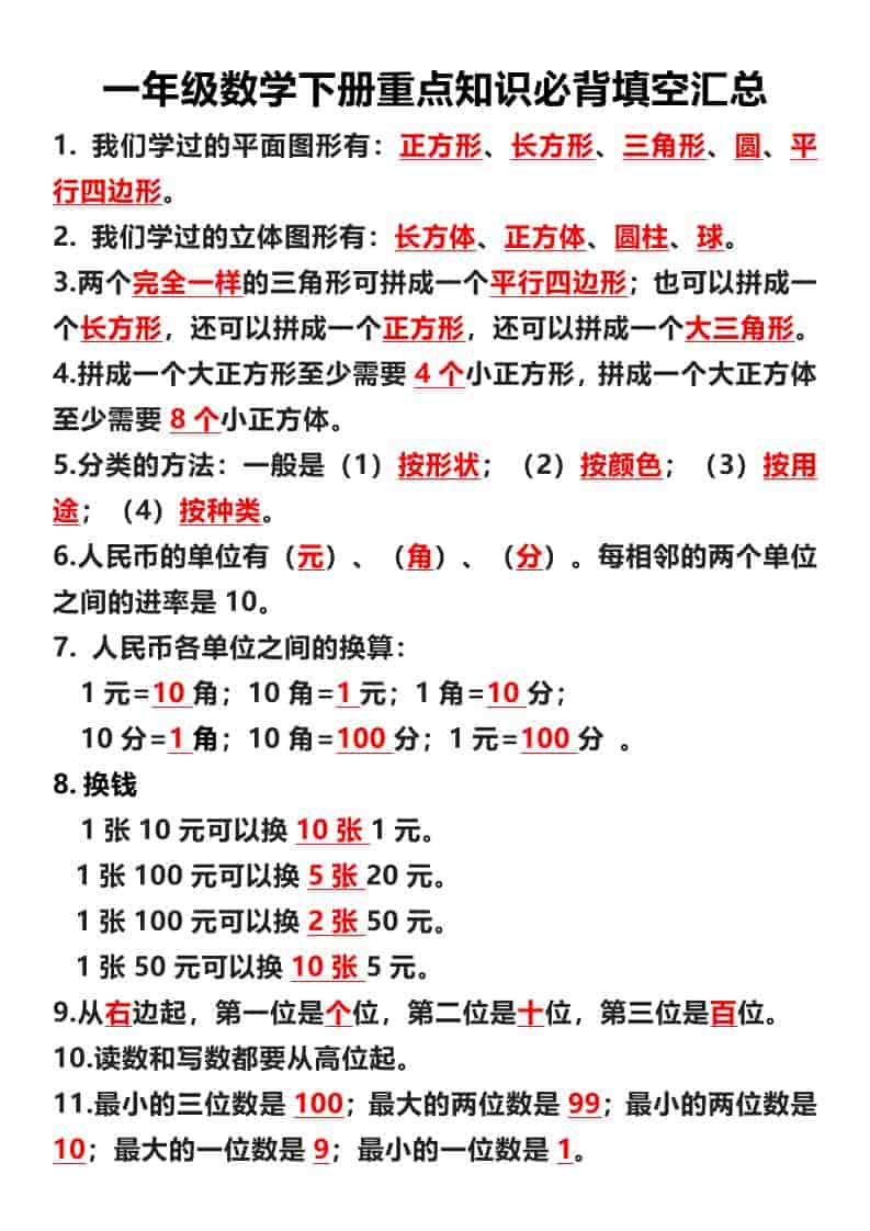 一年级下数学重点必背填空汇总-云科数创