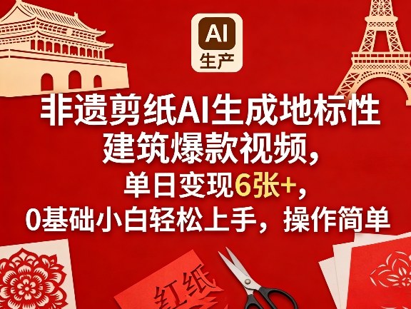 非遗剪纸AI生成地标性建筑爆款视频，单日变现6张+，0基础小白轻松上手，操作简单-云科数创