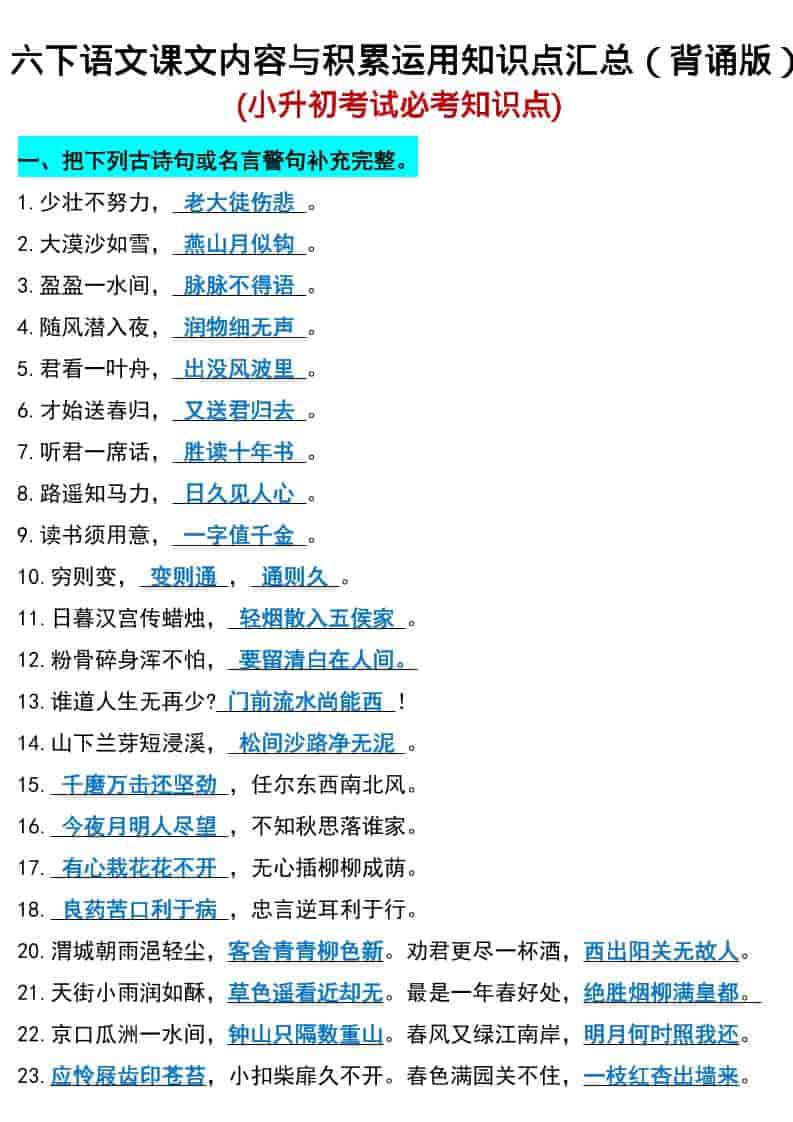 六年级下语文小升初期末必考知识点-云科数创