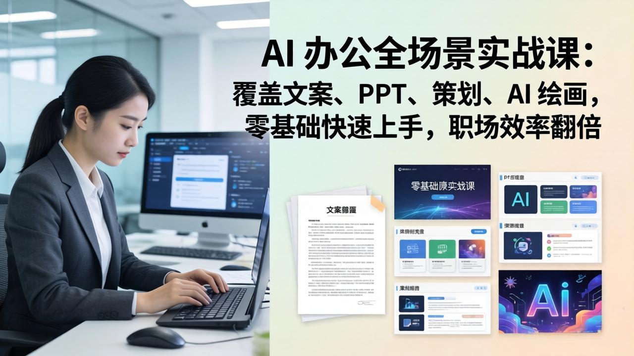 AI 办公全场景实战课：覆盖文案、PPT、策划、AI 绘画，零基础快速上手，职场效率翻倍-云科数创