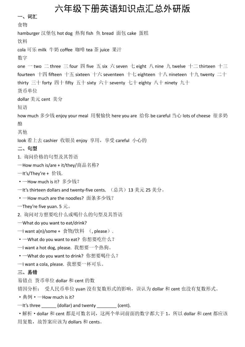 六年级下英语知识点汇总《外研版》-云科数创