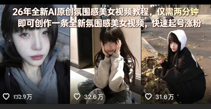 26年全新AI原创氛围感美女视频教程，仅需两分钟即可创作一条全新氛围感美女视频，快速起号涨粉-云科数创