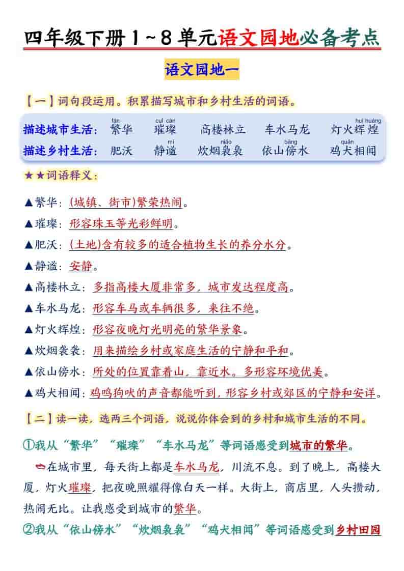 四年级下语文园地1-8单元必备考点-云科数创