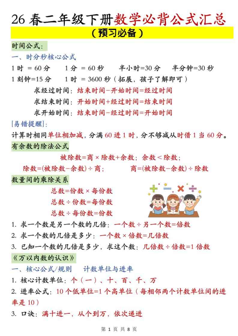 二年级下数学必背公式汇总《人教版》-云科数创