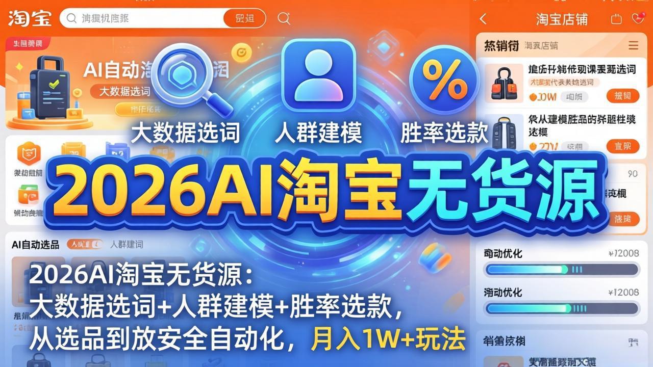 2026AI淘宝无货源：大数据选词+人群建模+胜率选款，从选品到放大全自动化，月入1W+玩法-云科数创